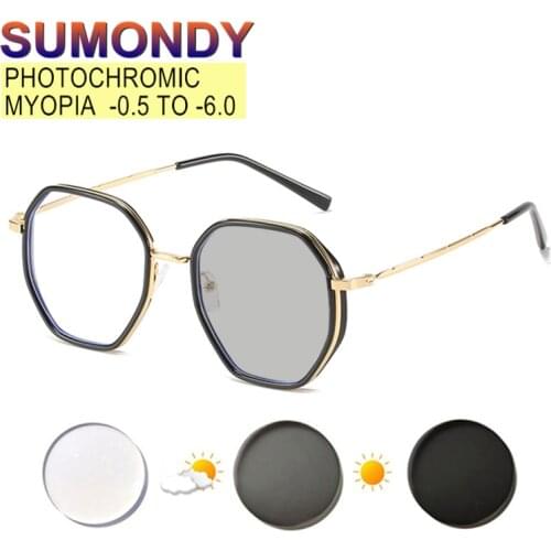 SUMONDY Photochromic Myopia Glasses Prescription -0.5 TO -6.0 Women Men Polygonal Frame Chameleon Nearsighted Eyeglasses UF126