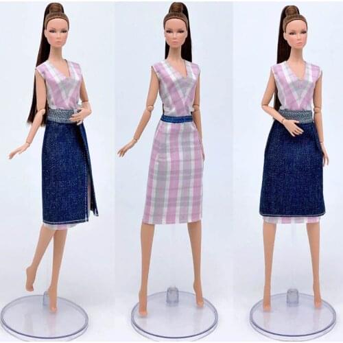 2pcs/lot 1/6 BJD Clothes Fashion Plaid Dress & Denim Jeans Skirt Outfits For Barbie Doll Clothes Set 11.5" Dolls Accessories Toy