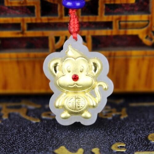 Natural White Hetian Jade Necklace Pendant For Men Women 24k Gold Lovely Monkey Fu Words Lucky Pendants Fine Jewelry