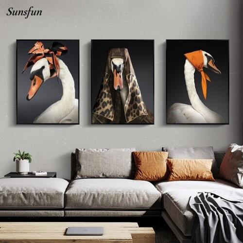 Nordic Minimalist Creativity Poster Swan Wearing Headscarf Animal Print Canvas Wall Art Painting Modern Living Room Decoration