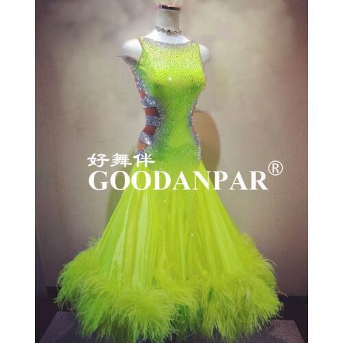 NEW ballroom dance competition dresses Modern Waltz Tango Dance Dress ostrich feather dress lemon color Sleeveless