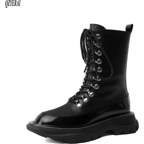 QZYERAI Autumn winter Genuine leather Female boots Riding boots black Womens boots Head layer cowhide Womens shoes Size 34-40