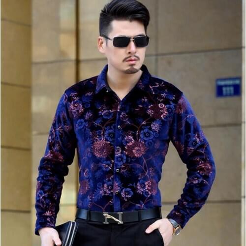 Fashion Spring Autumn Mens Silk velvet Shirts Men Casual Long Sleeve Floral Print Slim Dress Shirt Soft Comfortable high quality