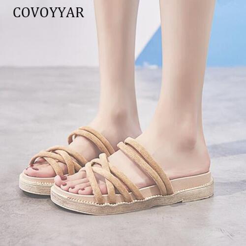 COVOYYAR 2019 Summer Flock Ceoss-tied Flats Slides Slippers Gladiator Beach Sandals Women Casual Shoes Woman Slip on WSS423