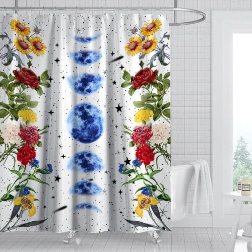 Modern nordic style sun and moon pattern beautiful flower art shower curtain waterproof bathroom layout home decoration