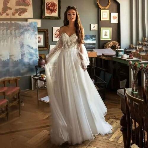 Princess Wedding Dress Puff Sleeve Boho Bride Dresses Nude Tulle Top Wedding Gowns Lace Appliques Vestido De Novia Brautkleid