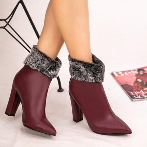 Tonar Zinex Burgundy Skin Heels Women Boots Fur Detail New Season Comfortable and Stylish