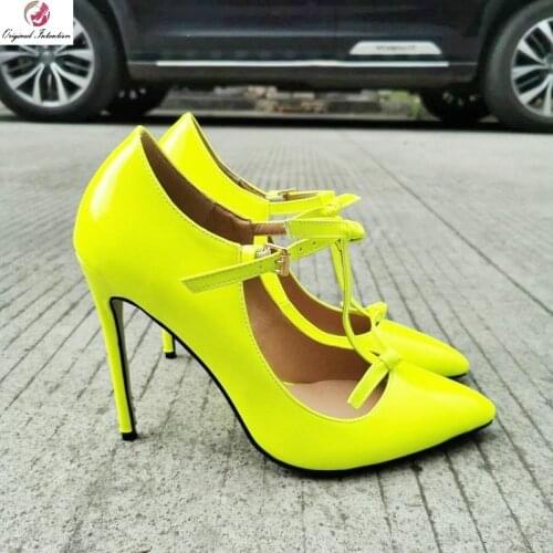 Women Sexy Pointed Toe Patent Leather Pumps Woman Stiletto T-Strap Bowknot Thin High Heels Party Office Shoes Yellow Pink Orange