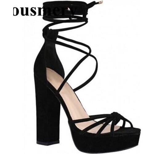 Ladies Fashion Lace-up Suede Leather Strap Cross High Platform Thick Heel Sandals Ankle Wrap High Heel Sandals Dress Shoes