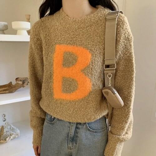 Women Winter Brown Letter Print Short Sweater Round Collar Full Sleeve Knitted Pullovers Casual Jumpers