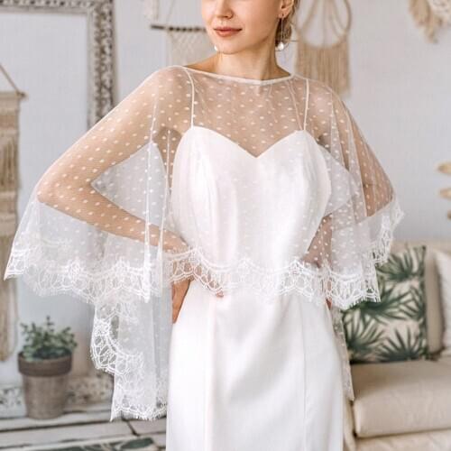 Women Polka dots Tulle Evening Prom Cape O-Neck Solid Soft Elegant Formal Sheer Cape Wedding Shawl for Bride match Dress