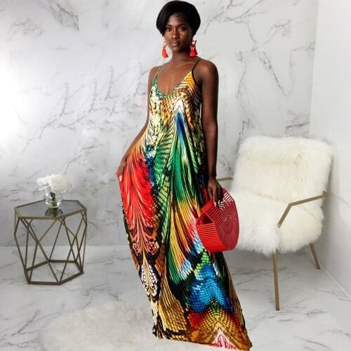 Colorful Aesthetic Print Womens Sundress Fashion Deep V Neck Spaghetti Strap Party Dress Vintage Backless Floor Length Robe