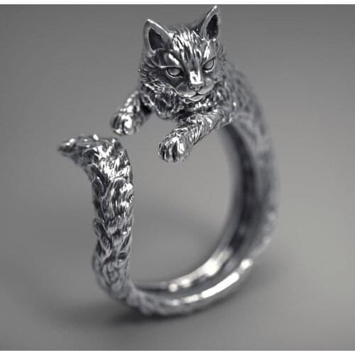 Retro Silver Color Cat Ring Terrible Evil Witch Cat Opening Ring Nightclub Womens Cute Pet Ring Anniversary Jewelry Gift