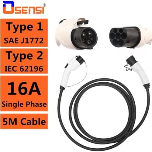 16A EV Cable J1772 Type 1 to Type 2 IEC62196 Electric Vehicle Car Charger Plug Male to Female EVSE Charging Station Convertor 5M