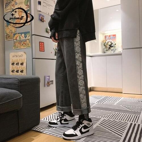 28-36 Mens Jeans Spring Autumn Full Length Zipper Straight Denim Pants Print Mid Loose Comfortable Male Trousers Clothes Hy58