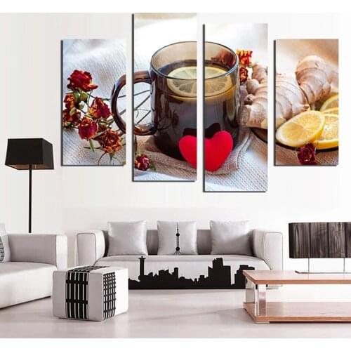 4 Pieces Frameless Canvas Painting Wall Art Fruits Lemon Tea Hd Printing Modern Modular Posters Home Decor for Living Room