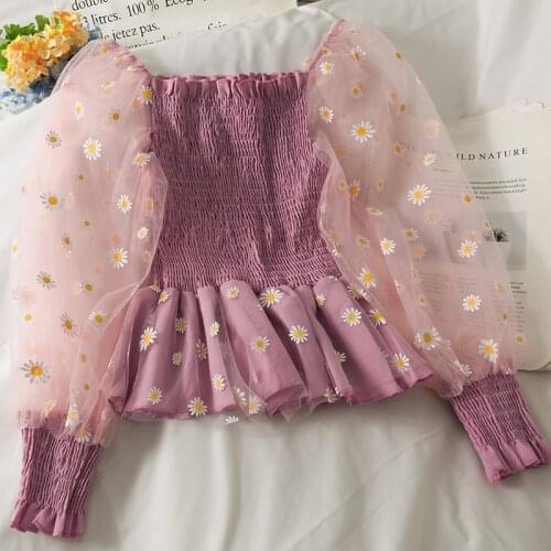 Fashion Korean Blouse Women Long Sleeve Square Collar Elastic Ruched Slim Tops Autumn Casual Streetwear Mesh Short Blouses