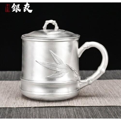 Ag999 Sterling Silver Hand-Carving Large Mug For Tea Large Beer Coffee Cup With Handle Grip