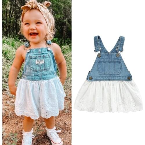 FOCUSNORM 1-5Y Summer Baby Girls Denim Suspender Dress Floral Hollow Out Sleeveless Square Collar A-Line Sundress