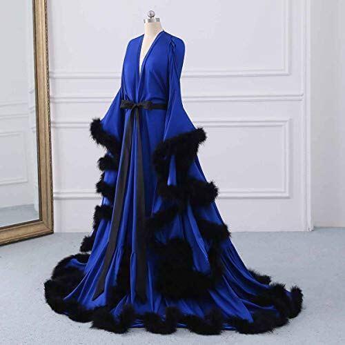 Elegant Blue Night Robe Custom Made Long Sleeve Feathers Party Sleepwear Sexy Nightgowns Robes 2019