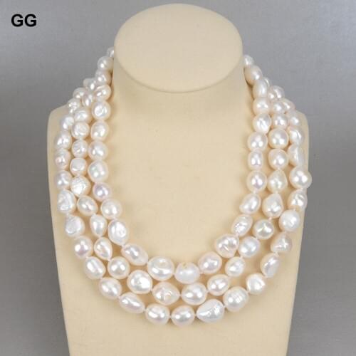 GG Jewelry 3Rows 12x15mm Natural White Baroque Keshi Pearl Necklace Classic For Women