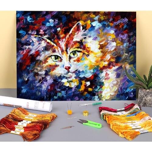 Oil Painting Style Cat Printed Water-Soluble Canvas 11CT Cross-Stitch Embroidery Complete Kit DMC Threads Sewing Gift