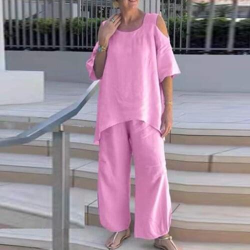 Sexy Pure Cotton Linen Women Sets Pants Spring Off Shoulder T Shirt Pullover and Wide Leg Pants Suit Autumn Loose Simple Outfits