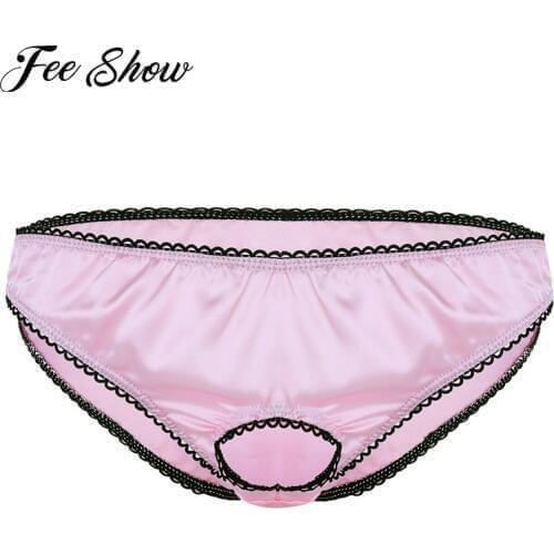 2018 Gay Men Lingerie Sissy Briefs Good Stretchy Open Front Penis Ring Soft Satin Low Rise Sissy Bikini Briefs Underwear Panties