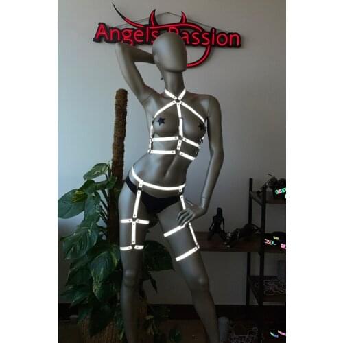 Reflective Garter Harness Set glowing in the night fancy clothing sexy