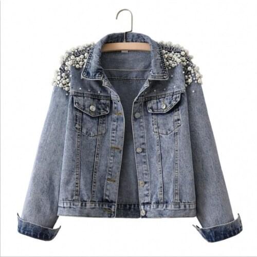 2021 spring and autumn new beaded short casual pearl loose and thin jacket jacket temperament denim jacket women