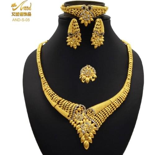 New Indian Necklace Sets For Womens Bridal 24K Gold Plated Jewelry Set Earrings Rings Bracelet Dubai Luxury Wedding Accessories