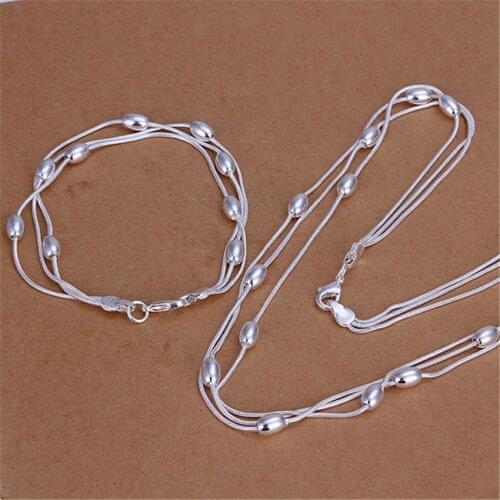 Wholesale silver color jewelry set fashion European style popular triple chain light beads necklace bracelets S140