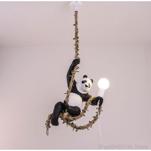 Resin Panda Pendant Lights Hemp Rope Hanging Lamp Bar Dining Room Light Fixtures Cute Animal Lamp Dining Room Kitchen Luminaire