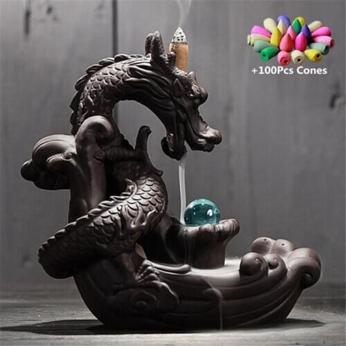 With 100Pcs Cones Ceramic Backflow Dragon Incense Burner Indoor Aromatherapy Home Decor Censer With Lucky Crystal Ball