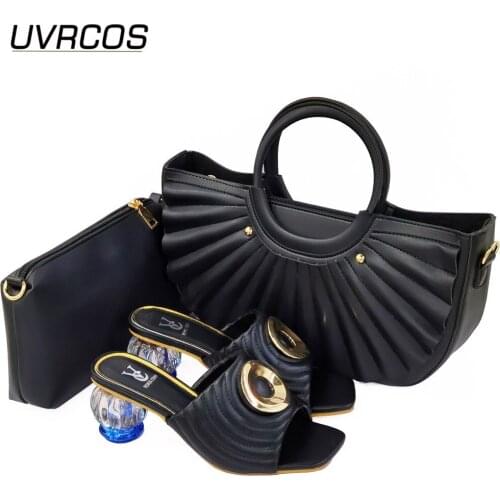 African 2021 Italian Design Newest Fashion Colorfurl Crystal Style Black Color Ladies Shoes and Bag Set With Streamer Modeliing