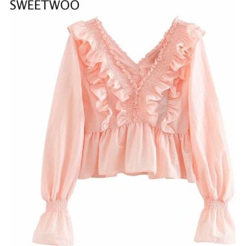 Women Sweet Short Blouse Spring Autumn New Solid V-Neck Flare Sleeve Ruffles Slim Chic Wild Female Fashion Korean Shirt
