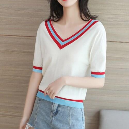 Sexy V-neck knitted womens casual short-sleeved T-shirt white top shirt 2021 female summer dress