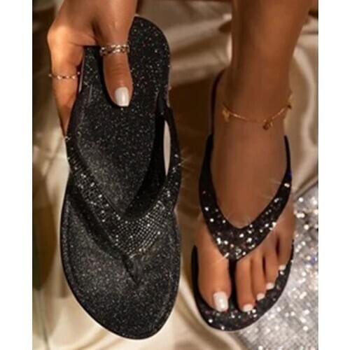 Womens Rhinestone Glitter Flat Slippers 2021 Fashion Slip on Sandals Beach Summer Flip Flops Diamond Flat Shoes