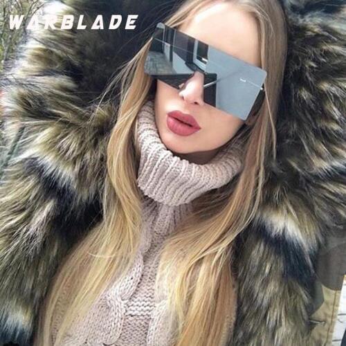 WarBLade big one piece lens sunglasses women square blue pink brown metal rimless sun glasses for men male 2020 uv400