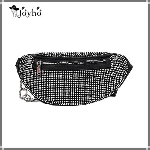 JOYHO Womens Waist Bags Diamonds Ladies Fanny Pack Fashion Chest Bag Banana Rhinestone Chain Crossbody Shoulder Bags Belt Bag
