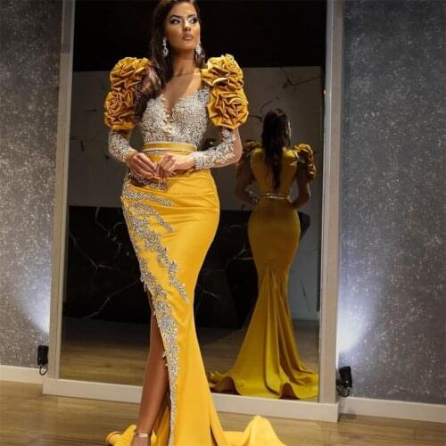 2021 Satin Mermaid Prom Dresses Side Split Lace Appliques Ruffle Cap Sleeve Evening Gowns Women Formal Party Dress