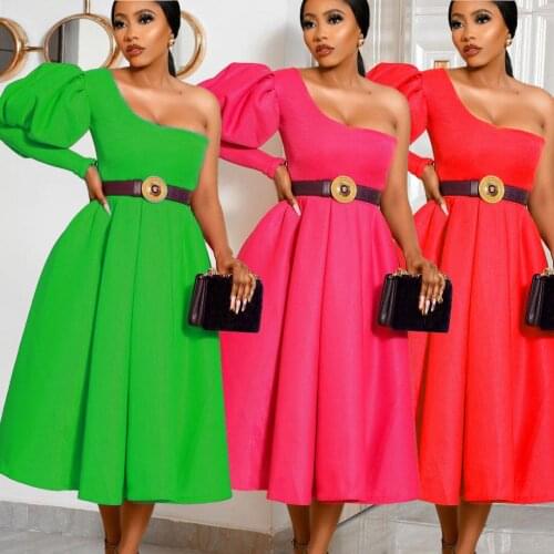 Elegant Solid Color Slash Neck Woman Midi Dress Sexy Party A Line Slim Waist Puff Sleeve Evening Party Dresses Ruffles Vestidos