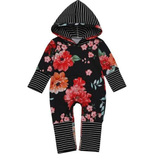 Baby Striped Flower Print Romper Long-Sleeved Hooded Children Kids Boys Girls Cotton Jumpsuit Infant Casual Rompers