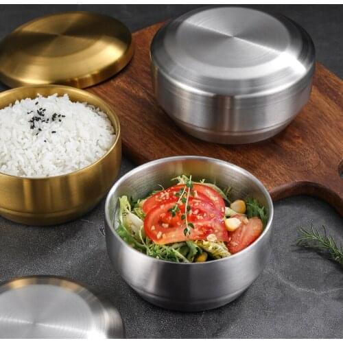 304 Stainless Steel Double Layer Rice Bowl With Lid Household Soup Bowl Creative Anti-Scalding Child Small Noodle Bowl Tableware
