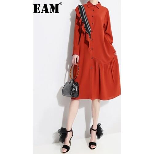 [EAM] 2021 New Spring Autumn Lapel Long Sleeve Red Loose Ruffles Stplit Joint Big Size Shirt Dress Women Fashion Tide JQ148