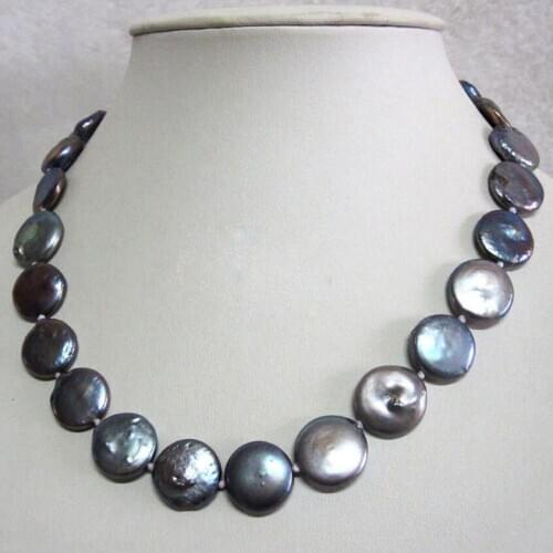 Hot sale new Style >>>>> Genuine 13-14MM Black Coin Pearl Necklace Chain Jewelry