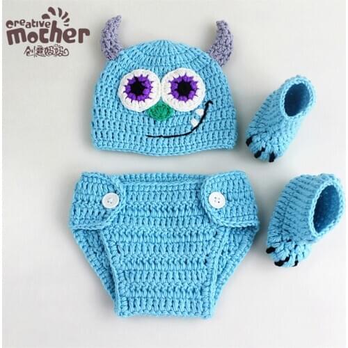 Cotton Newborn Photography Props Fotografia Crochet Infant Baby Hat Pant Shoes Monster Baby Boy Girls Clothing Set Keepsake