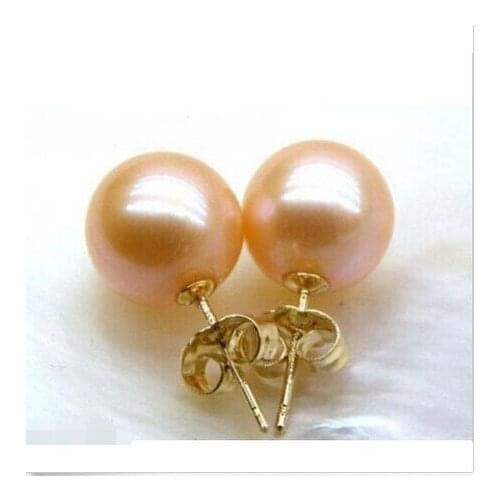 Perfect round 10-11mm AAA+++ pink south sea pearl earring new yellow solid gIld^^@^Noble style Natural Fine jewe good