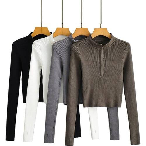 JC·KILIG 2021 Solid Color Short Zipper Knit Bottom Shirt Y2414