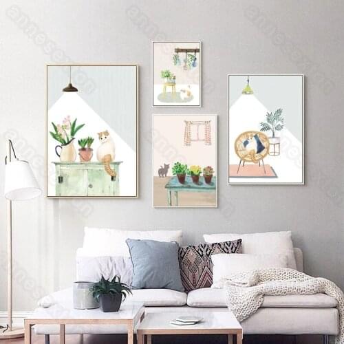 Nordic Style Canvas Painting Minimalist Pictures Flowers and Plants Cats Poster for Living Rooms Bedroom Gallery Wall Decoration